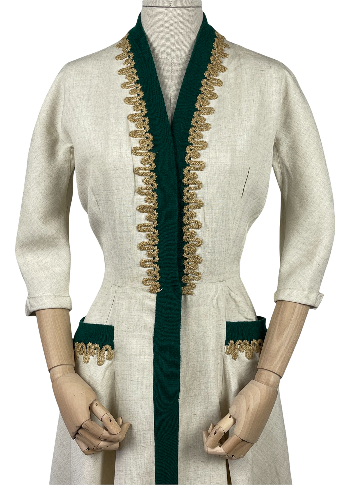 Original 1950s Natural Linen Dress with Kelly Green Trim and Soutache – 1940s Style For You