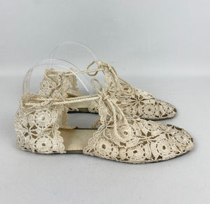 Original 1940's Make Do and Mend Homemade Summer Sandals in Crochet with Ankle Ties - UK size 5