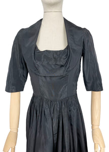 Original 1950's Inky Black Taffeta Cocktail Dress - Fabulous Little Black Dress with Front Drapes - Bust 34 35