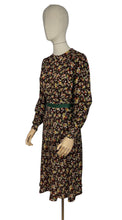 Load image into Gallery viewer, Original 1930’s Brown Crepe Long Sleeved Dress with Pretty Floral Print - Bust 34 36 38 *
