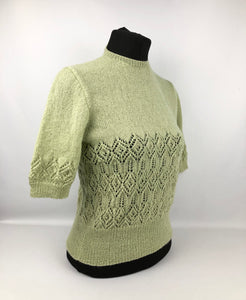 Reproduction 1940s Lace Knit Jumper in Soft Pistachio Green