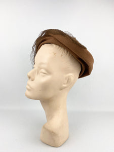 Original 1930s Brown Felt Hat with Net and Feather Trim