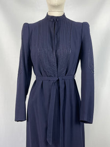 Original Late 1930s Midnight Blue Evening Coat with Embroidered Detail and Double Button Collar - Bust 34 35