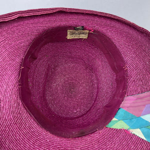 Incredible Original 1940's Oversized Pink Straw Summer Hat with Stripe Band And Flower Trim