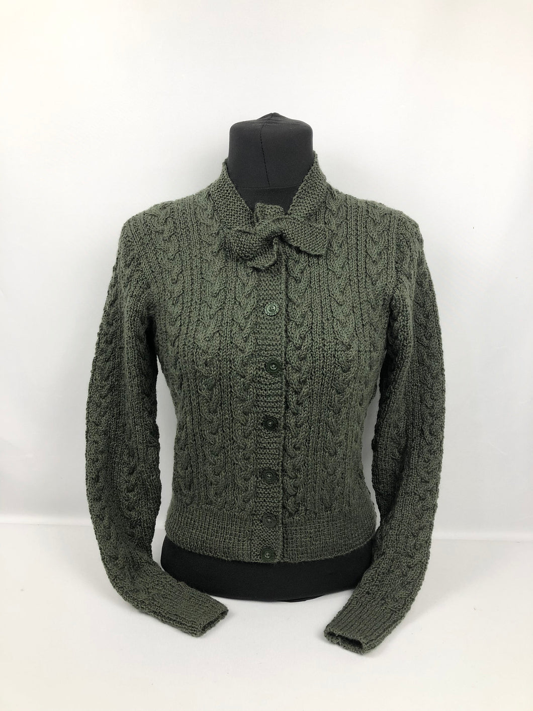 Reproduction 1930s Green Cable Knit Cardigan with Bow Neck Tie - B35 38