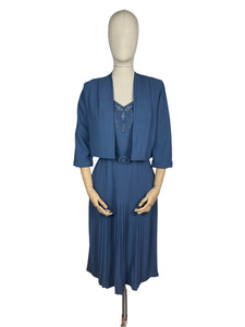 Original 1940's Blue Crepe Dress and Jacket Set with Lace Front and Belt - Bust 36 37