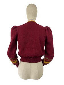 Late 1930's Reproduction Hand Knitted Long Sleeved Ski Jacket in Bordeaux, Amber, Terracotta and Bayleaf Green Pure Wool  - Bust 36