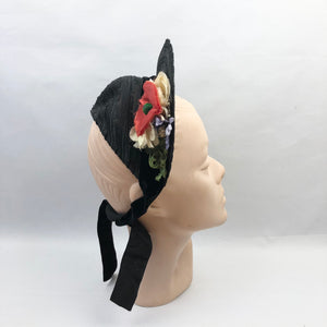 Original 1940's Black Straw Hat - Pretty Bonnet Shape Half Hat with Poppy Flower Trim - Patriotic