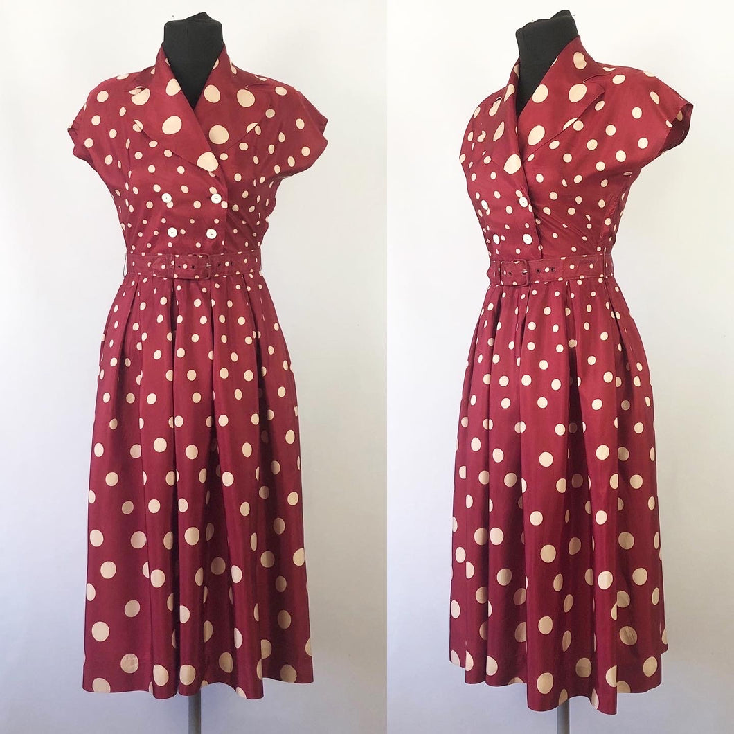 1940s 1950s Marie Moore Red & White Polka Dot Grosgrain Silk Dress - B32