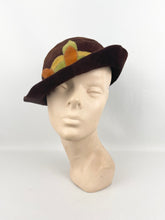 Load image into Gallery viewer, Original 1930’s Warm Brown Fur Felt Hat with Appliqué Trim in Green, Rust and Mustard *
