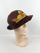 Load image into Gallery viewer, Original 1930’s Warm Brown Fur Felt Hat with Appliqué Trim in Green, Rust and Mustard *
