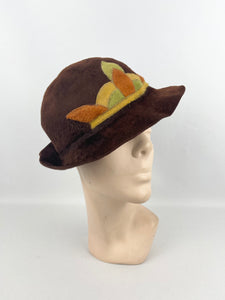 Original 1930’s Warm Brown Fur Felt Hat with Appliqué Trim in Green, Rust and Mustard *