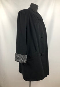 1940s Volup Black Wool Coat with Faux Fur Lining - Bust 42"