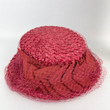 Load image into Gallery viewer, Original 1940&#39;s Stunning Pink Coarse Straw Hat with Grosgrain Trim and Face Veil
