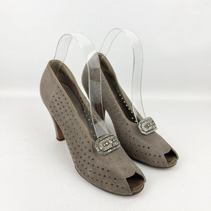 Original 1940's Grey Suede Peep-toe Shoes with Paste Clips and Punch Detail - UK 4