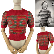 Load image into Gallery viewer, Reproduction 1940’s Hand Knitted Striped Jumper in Cherry Red, Ivy, Rust and Dune - Bust 32 34
