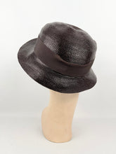 Load image into Gallery viewer, Original 1930s Chocolate Brown Lacquered Straw Hat With Cream Grosgrain Trim
