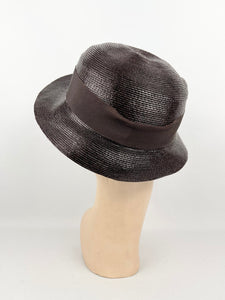 Original 1930s Chocolate Brown Lacquered Straw Hat With Cream Grosgrain Trim