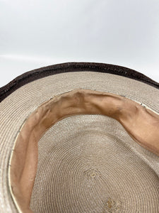 Original 1930s Two-Tone Brown Lacquered Straw Hat with Grosgrain Trim