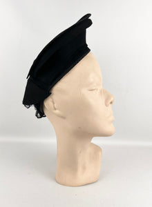 Original 1940's Inky Black Felt Hat with Fabulous Shaping and Net Trim