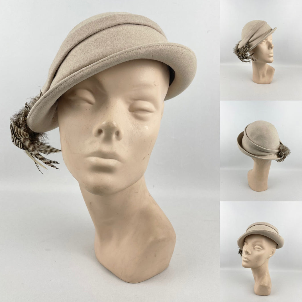 Original 1930’s Cream Felt Hat with Soft Feather Trim - Beautiful Piece *