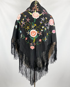 Beautiful Original 1920's 1930's Black Crepe Piano Shawl with Bold Floral Silk Embroidery and Broad