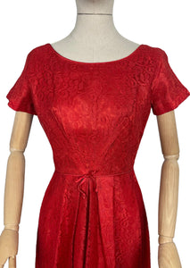 Fabulous Lipstick Red Vintage Lace Cocktail Dress with Front Bow - Bust 36