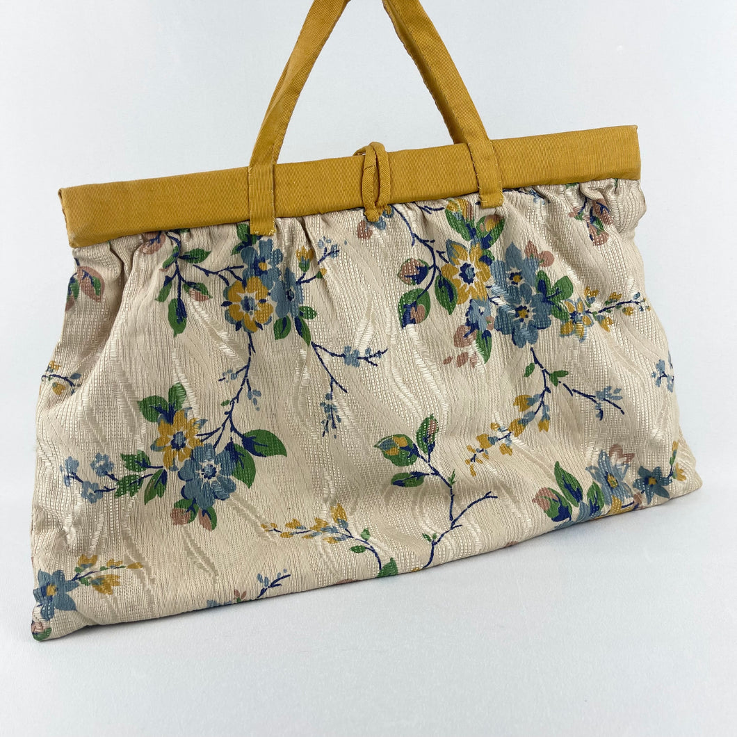 Original 1940s Mustard and Blue Floral Knitting Bag Which Makes a Great Handbag