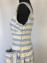 Load image into Gallery viewer, 1950s Blue and White Stripe Floral Dress - B36

