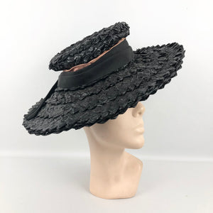 1930s Black Lacquered Raffia Wide Brimmed Sun Hat