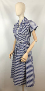 1940s 1950s Navy and White Stripe Dress By Norman Hartnell for Berkertex - Bust 36 38