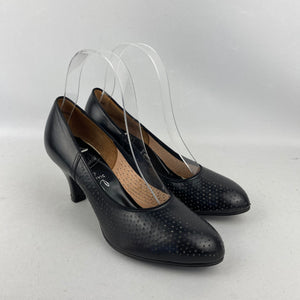 Original 1940's 1950's Deadstock Black Leather Court Shoes with Punch Detail  - UK Narrow 4