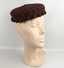 Load image into Gallery viewer, Original 1950’s Rich Chocolate Brown Crochet Topper Hat - Classic Vintage Hat
