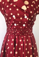 Load image into Gallery viewer, 1940s 1950s Marie Moore Red &amp; White Polka Dot Grosgrain Silk Dress - B32
