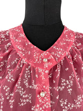 Load image into Gallery viewer, Original 1950&#39;s Pink Nylon Blouse with Floral Flock Print and Faux Pearl Glass Buttons - Bust 36 38
