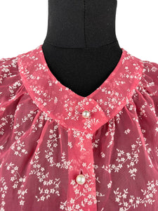 Original 1950's Pink Nylon Blouse with Floral Flock Print and Faux Pearl Glass Buttons - Bust 36 38