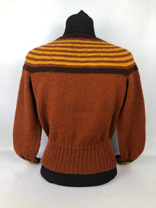 Reproduction 1930s Hand Knitted Jumper in Rust with Brown and Mustard Stripes B 35" 36" 37" 38”