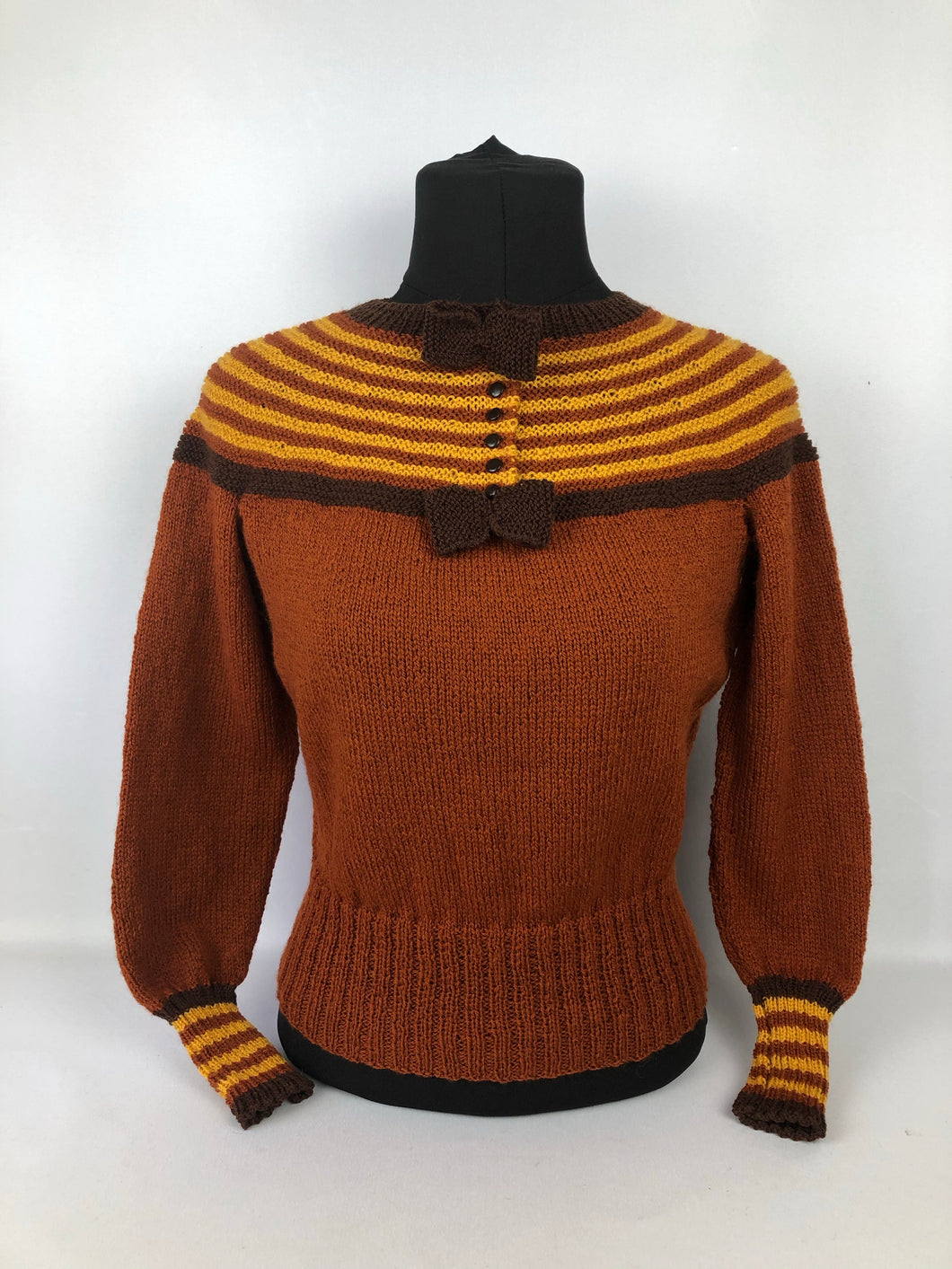 Reproduction 1930s Hand Knitted Jumper in Rust with Brown and Mustard Stripes B 35
