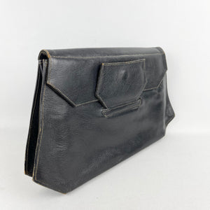 Original 1930's 1940's Black Leather Clutch Bag - Great Sized Piece