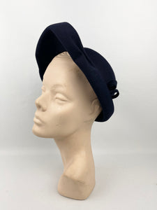 Original Late 1930s or Early 1940s Close Fitting Dark Blue Felt Hat with Neat Trim and Upturned Brim