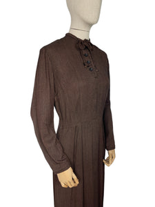 Original 1930's Dark Brown Floppy Long Sleeved Day Dress with Button Neck and Bow - Bust 38