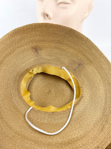 Original 1940s Natural Straw Hat with Black Velvet Trim - AS IS