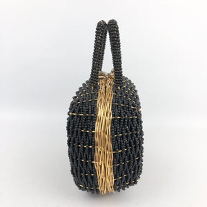1960s Hong Kong Made Black Beaded Bag with Gold Coloured Frame