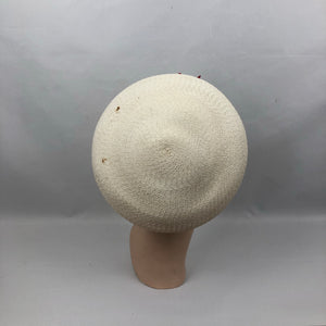 1940s Cream Straw Hat with Red Grosgrain Trim and Red Stars
