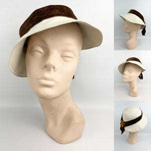 Original 1930's Cream Felt Hat with Warm Brown Velvet and Floral Trim