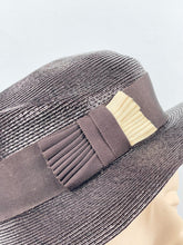 Load image into Gallery viewer, Original 1930s Chocolate Brown Lacquered Straw Hat With Cream Grosgrain Trim
