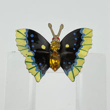 Load image into Gallery viewer, Vintage Painted Metal Butterfly Brooch with Amber Glass Body
