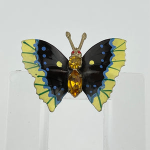 Vintage Painted Metal Butterfly Brooch with Amber Glass Body