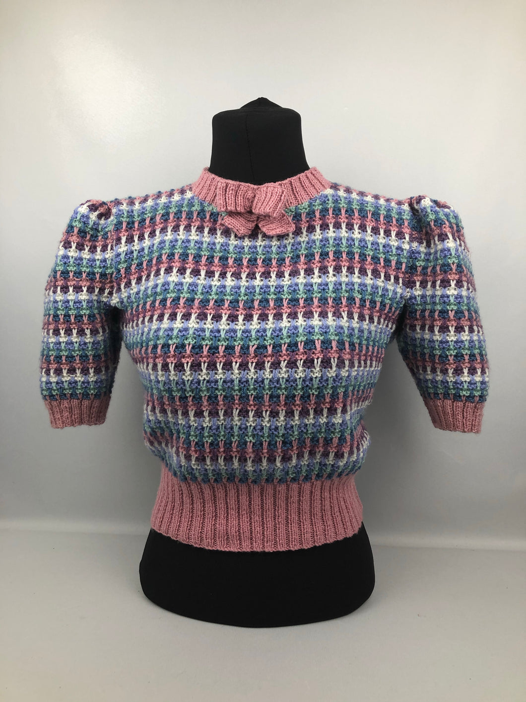 Reproduction 1940s Waffle Stripe Jumper Knitted from a Wartime Pattern - B38 40 42