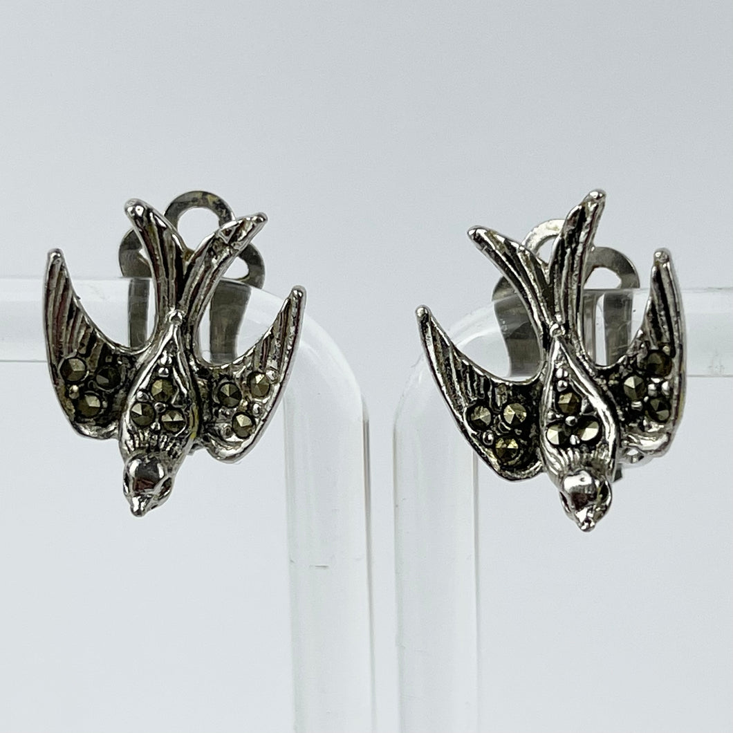 Beautiful 1940's 1950's Blue Bird Shaped Earrings with Marcasite Middles